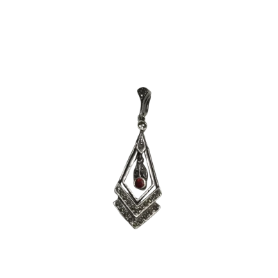 Vintage 925 Silver Art-Deco Pendant With Marcasite & Red Stone