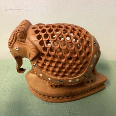Vintage Hand-Carved Wooden Elephant Figurine - Made in India