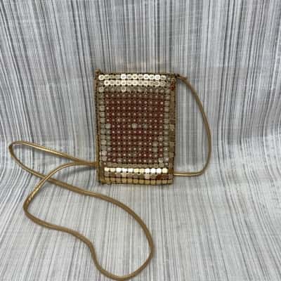 Taking Shape Gorgeous Gold Metal Square Links & Diamante Stud Detail /Evening Bag with Long Gold Tone Strap