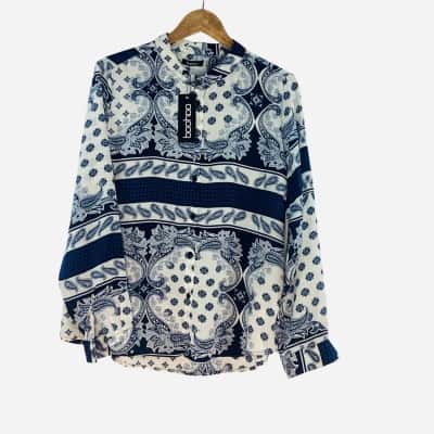 Boohoo - Navy White Patterned Long-Sleeve Button Shirt (Size 16)