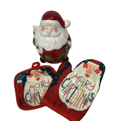 Christmas Santa Cookie Jar & Oven Mits x 2