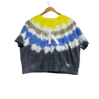 Calvin Klein Jeans, Mens, Size M, blue and yellow tie dye on white jumper