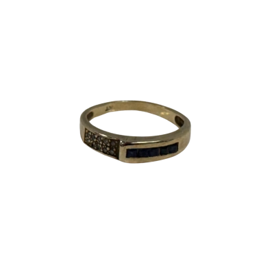 Vintage 9 ct. (375) Gold Dress Ring w/ Faceted 5 Square Cut Sapphires & 10 Small Real Diamonds (Size 7)