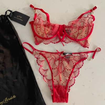 Honey Birdette Womens  Size 14DD Bra and Size XL Panties Set - 'Sarah' Red Lace