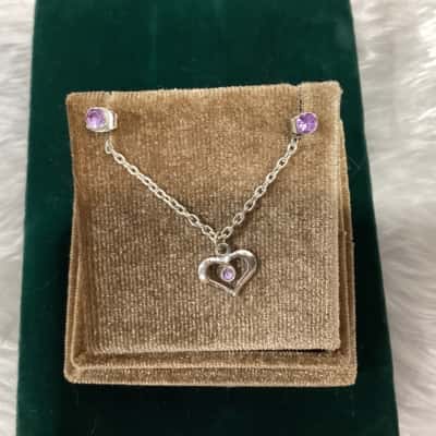Womens Silver Tone Purple Stone Heart Shaped Pendant & Stud Earrings