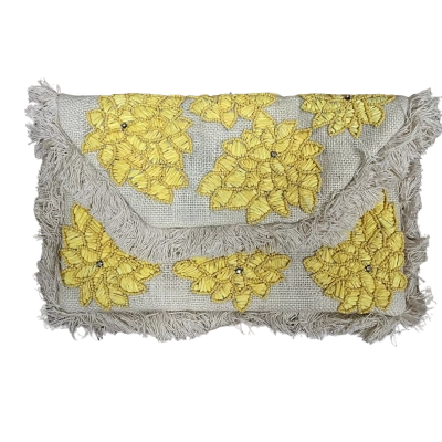 Blue Illusion Ochre Carnival Hessian Beaded Flower Clutch w/ Chain Strap