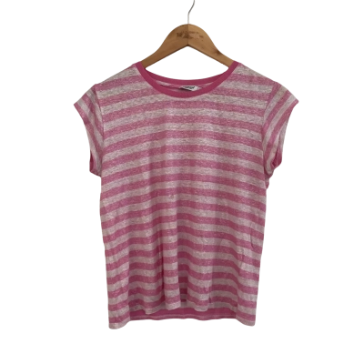 Marcs Womens Linen Size S Short Sleeve Top Pink  / Striped / White 