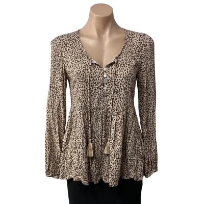 Dotti Womens Size 6 Beige / Brown Leopard Print Long Sleeve Top