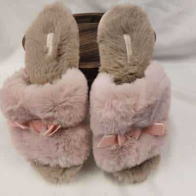 Peter Alexander bow slider slippers in an ivory soft neutral mix featuring plush fur and delicate ribbon bow accent