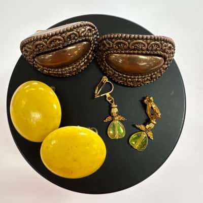  Vtg. Set of 3 Clip on Earrings Gold / Yellow 