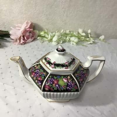 Vintage Sadler White Porcelain 6 Sided Panel Teapot with Black Floral & Fruit Design