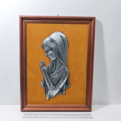 Vintage Framed Pewter Velvet Art Praying 