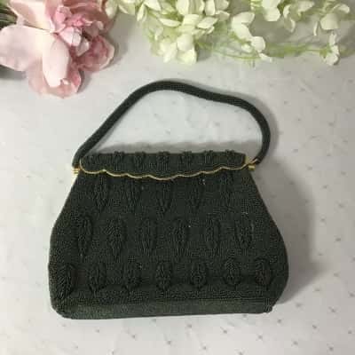Vintage Womens Green / Gold Beaded Leaf Design Evening Clutch Bag