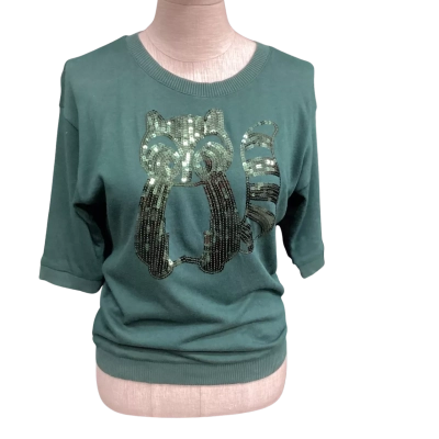Vero Moda Size S Short Sleeve Top  with Sequin Squirrel Bottle Green 