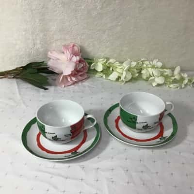 Multiple Choice White / Green / Red Pattern Cappuccino Cup & Saucer (x 2)