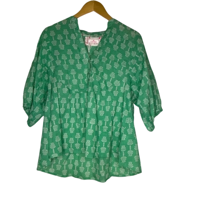 Ibsa Denim Womens  Size S Short Sleeve Top Green / Pattern / White 