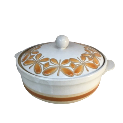 Vintage Y Stoneware Japan Orange Patterned Casserole Dish Approx 19cm diameter