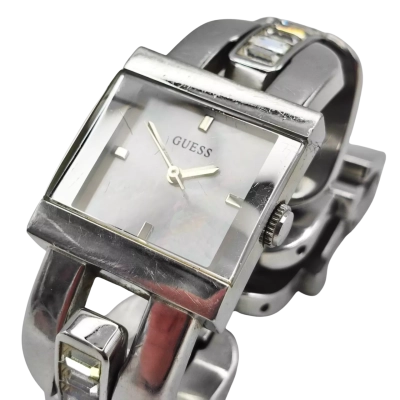 Guess Mother Of Pearl Faced Watch With Decorative Stainless Steel Band - Untested/Needs Battery