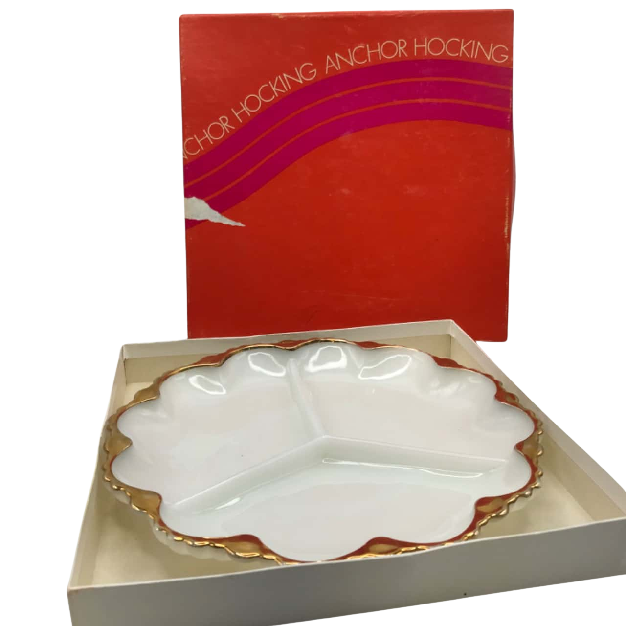 Retro Milk Glass Gold Rimmed Triple Divided Server Retro in Original