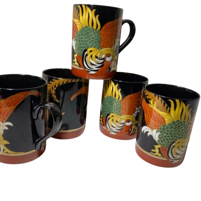 5 vintage black porcelain mug with a vibrant golden pheasant design, likely from the Fitz & Floyd Japan
