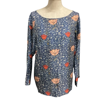  Ella & Sunday  Size L Long Sleeve Silk Top Blue / Burnt Orange / Floral 