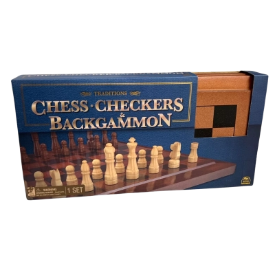 Traditions Chess Checkers and Backgammon 3-in-1 wooden board game set 