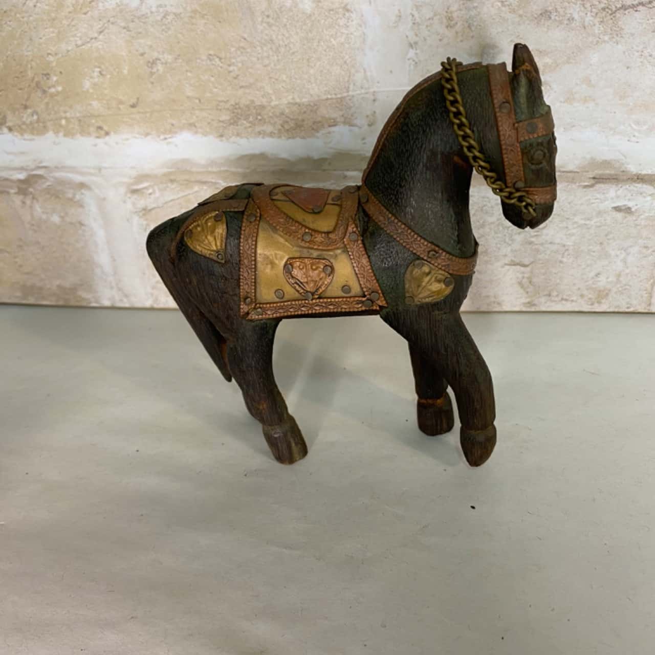 Set of 4 Vintage Wooden Horses Hammered Copper &Brass Figurines (s)