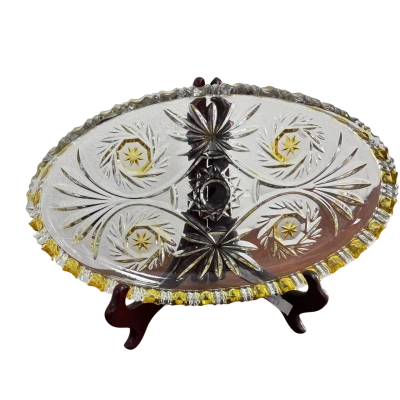 Vintage Yellow Cut To Clear Crystal 4 Way Divided Oval Glass Dish Tray