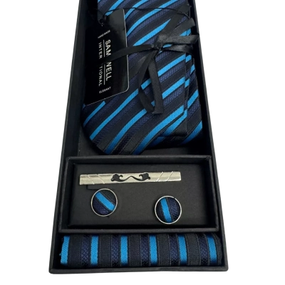 Sam Well International Mens Tie, Pocket Handkerchief, Cuff Links & Tie Pin Blue/Navy Blue 