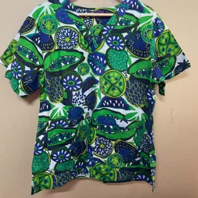 Leather Womens Size L / M V-Neck Top Blue / Green / Pattern 