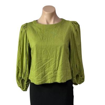 White Closet Womens Size 8 Olive Green Linen Blend Cropped Long Sleeve Top 