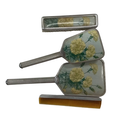 vintage aluminium clothes brush, hair brush, mirror and comb