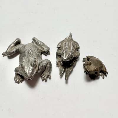 Trio of Metal Frogs, Pewter, Bronze and Silver