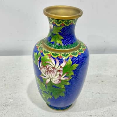 Vintage Cloisonne Cobalt Blue Gold Accent Floral Bird Design Vase