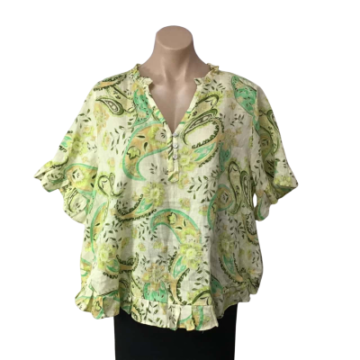 Sussan Womens Size 14 Yellow / Green / Orange / Khaki Pattern Linen Short Sleeve Top