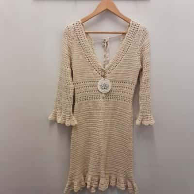 Ghanda women's size M boho Vintage Festival style flared sleeve natural crochet cotton dress