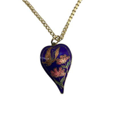 Vintage Womens Necklace Gold Tone with Floral Cloisonné Pendant 