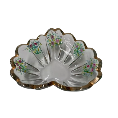 Vintage hand painted clear glass candy tray in excellent condition