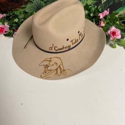 Mens Pure Western Australian Pure Wool Felt 53cm Hand Burned “Cowboy Take Me Away”Cowboy Hat
