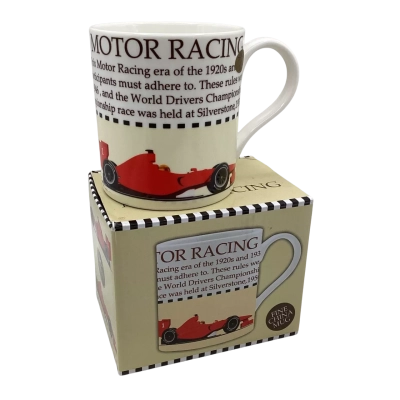 BNIB The Leonardo Collection “Motor Racing” Fine China Mug, some damage to lid of box see photos 