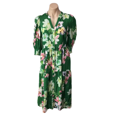 Sussan Womens Size 6 Green / Orange / Pink / White Floral Short Sleeve Midi Dress