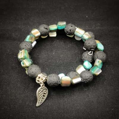 In Gift Pouch Expanding Spring Lava Stone & Abalone Shell Bracelet With Leaf Design (Can Be Used For Diffuser)