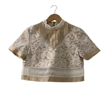 AJE Women's Size 8 Neutral with Cream Embroidered Lace Work/Short Sleeve Blouse