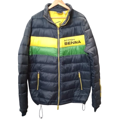  Ayrton Senna Mens  Size XXL Navy Blue, Green and Yellow Puffer Jacket 