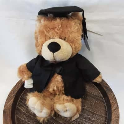 Kormico buddy graduation beer in soft Brown plush wearing a miniature black academic gown