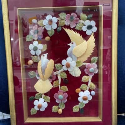 Vintage Chinese seashell and stone carved art in frame. 32x42cm