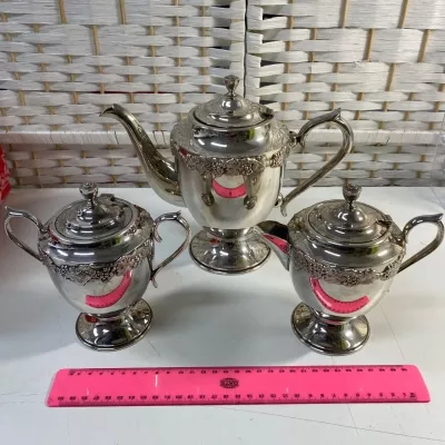 Reproduction Tea Set - Lustre Silver Plated - Teapot, Sugar Bowl & milk