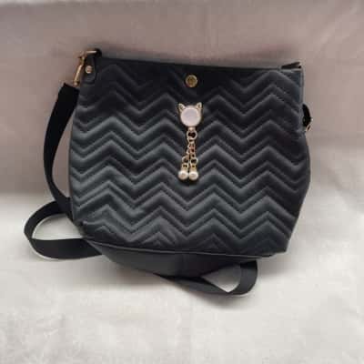  Women’s Super Cute Mini Cross Body Bag Black  with Gold & Pearl Kitten Charms