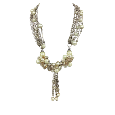  Womens Beaded Necklace Silver Tone with Faux Pearl and Shell Cluster 