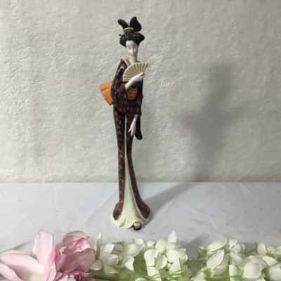 Tall Japanese Geisha Lady Holding Fan Figurine